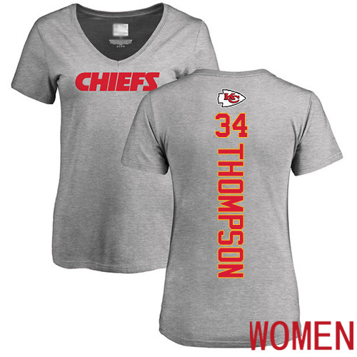 Women Football Kansas City Chiefs #34 Thompson Darwin Ash Backer V-Neck T-Shirt->nfl t-shirts->Sports Accessory